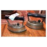 2 miniature 5"  sad irons w/ wooden handles