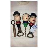 Figural wooden head bar tools & corkscrew -heads