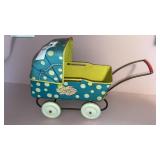 Blue polka dot metal doll buggy 10" long
