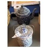 Set of crock and tea pot enamel ware