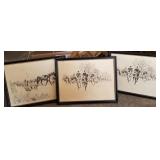3 framed ink drawings of fox hunts