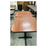 2 small wooden tables with metal bases