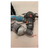 Bucket of drills, angle grinder , shearers