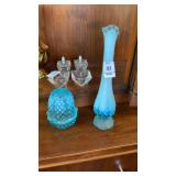 Fenton aqua blue opalescent vase and fairy lamp