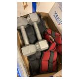 Box of dumbells, weight bags, and other weights
