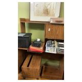 wooden desk, printer stand, desk chair
