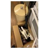 Lot including garbage bin, dustpan, umbrellas,