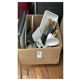 Boxlot of kitchen utensils knives pizza pan