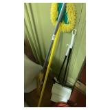 Lot with brooms, duster, and dust pan