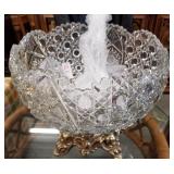 Glass punch bowl/ ladle with ornate gold stand