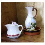 Ceramic creamer, bird vase and dish