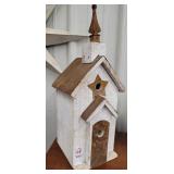 Wood and metal roof two entrance birdhouse