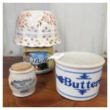 Lot of 2 small crocks and 1 candle with porcelain