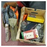2 box lot of gloves, knives and misc sporting