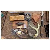 Lot of ducks, fishing rod, masons, etc.