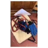 Lot with cushion, jumper cable, and gloves