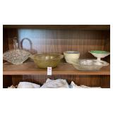 Shelf lot of glass and stoneware