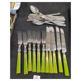 MCM Green bakelite flatware and stainlessware lot