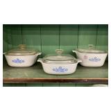 3 Corning ware casseroles w/lids cornflower
