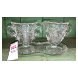 Fostoria elegant patterned cream & sugar w/under