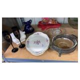 Lot casseroles, platters, cobalt flutes,asst