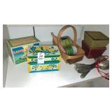 Recipe boxes,old flatware,jute twine,candles- lot
