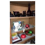 Cape cod ruby glass,trivets asst-cupboard lot