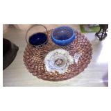Pink depression glass tray,cobalt basket,
