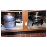 Shelf lot of stoneware mixing bowls,cookware