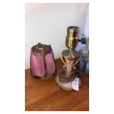 Small cast lamp, metal framed shade