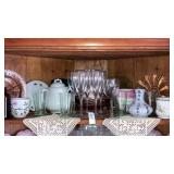 Pink depression glass, green tumblers,asst -Top