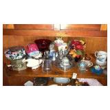 Antique etched glass,cow pitcher,tins asst -