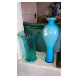 2 large Aqua glass vases 1 cased