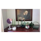 Green glass lot,Steiff pewter candlestick, stand