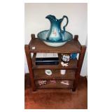 Oak stand w/ pitcher & basin and contents