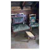 Victorian bench, chair, caned foot rest- needs