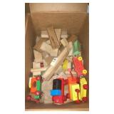 Box of wooden building toys, wood train