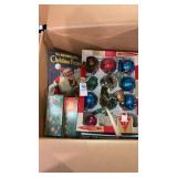 Box of old Christmas ornaments wooden glass