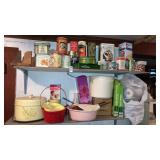 2 shelves- tins crochet thread, baby items asst