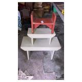 3 small wooden benches tan red