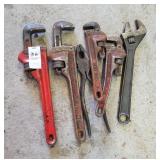 4 pipe wrenches, crescent wrench & pliers