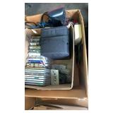 Assorted box of tapes, cds, video camera, hp