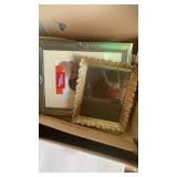 Box lot of frames, 2 glass platters