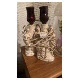 3 small lamps , 2 are matching , 1 with flower in