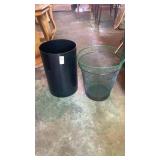 2 metal mesh and one plastic small garbage cans