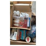 Box lot of tins, light bulbs and other