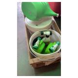 Wooden crate with buckets and lawn items