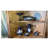 Silver plate Rogers tea set on 2 shelves
