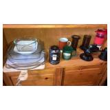 Shelf lot glass casseroles coffee press mugs