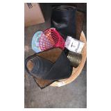 Basket lot of small rugs and other